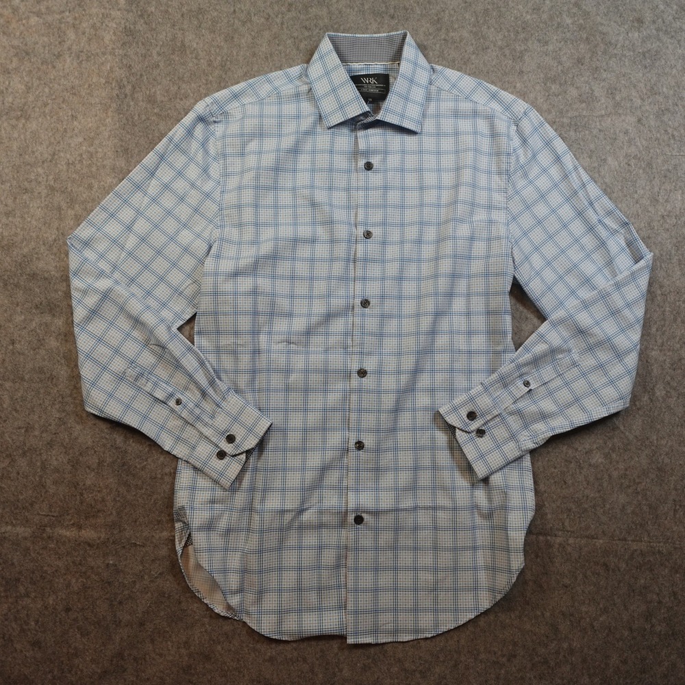 WRK Shirt Mens 15 Blue Check 4‎ Way Stretch Long Sleeve Work Office Performance